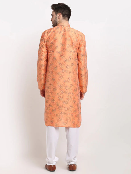 Men's Orange Dupion Printed Kurta Set