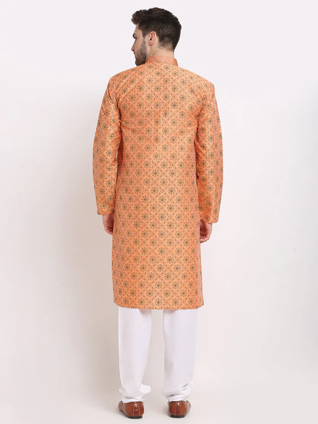 Men's Orange Dupion Printed Kurta Set