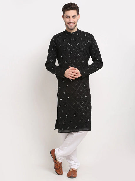 Men's Black Cotton Printed Kurta Top