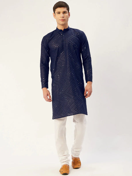 Men's Navy Blue Cotton Blend Mirror Work Kurta Top