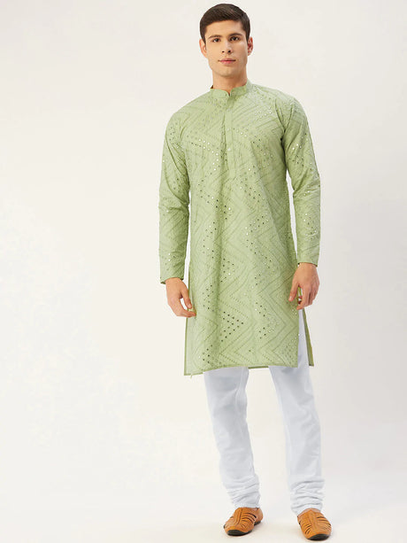 Men's Pista Cotton Blend Mirror Work Kurta Top