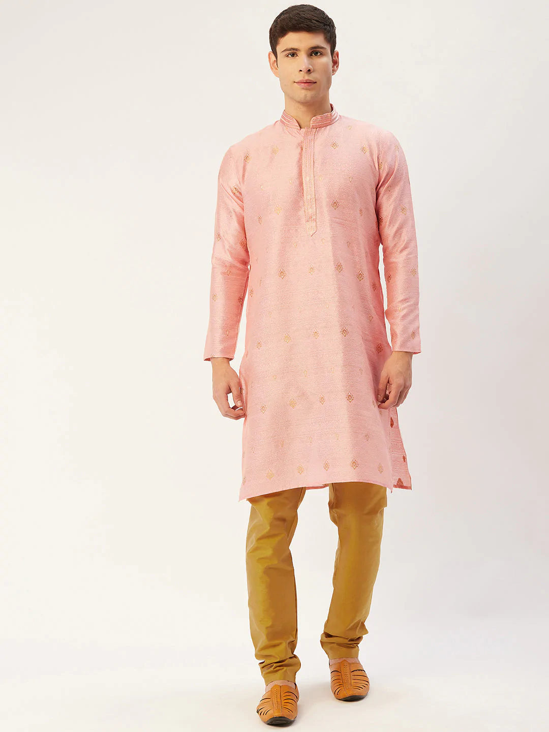 Men's Pink Jacquard Silk Woven Design Kurta Top