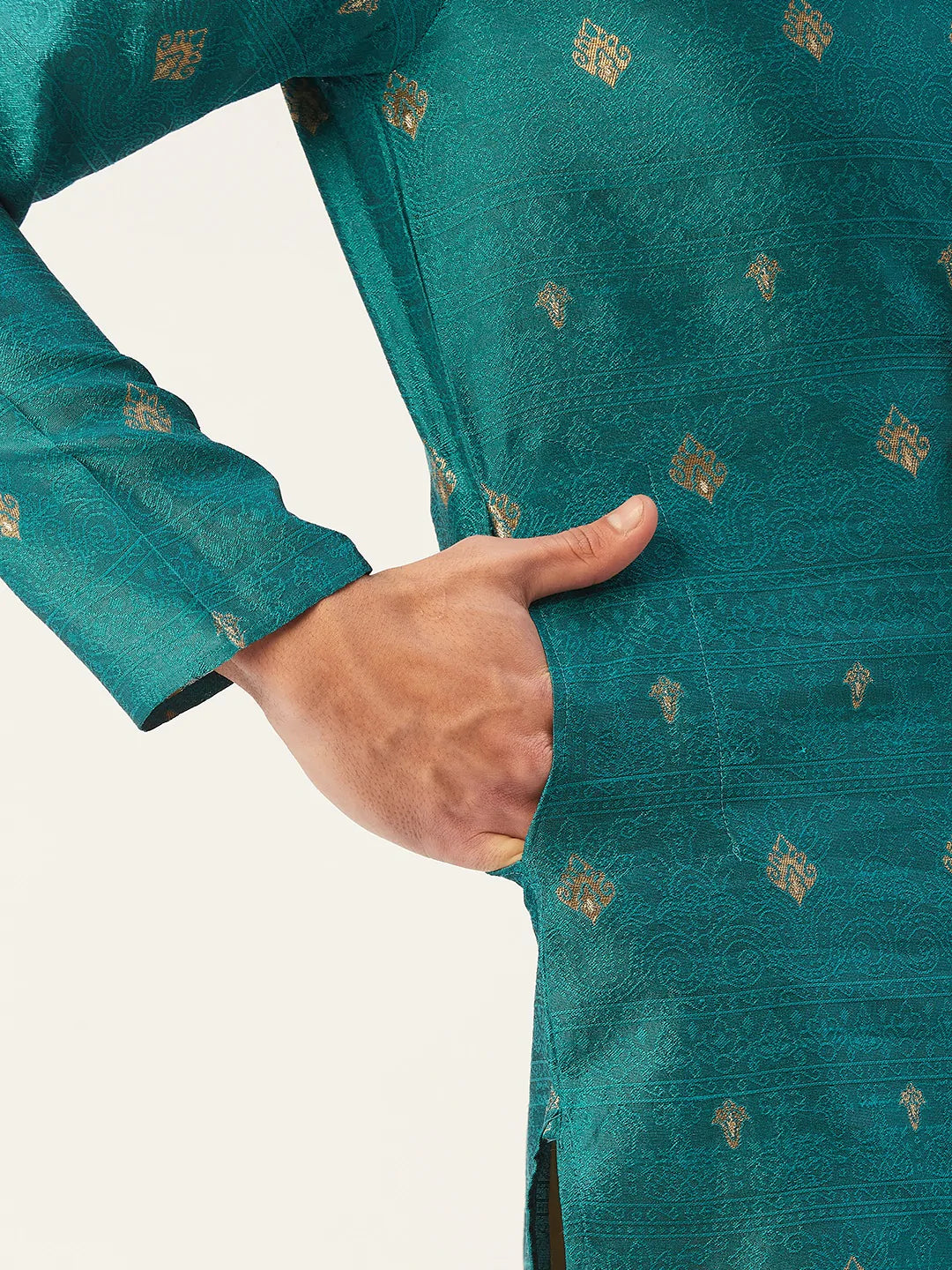Men's Teal Jacquard Silk Woven Design Kurta Set