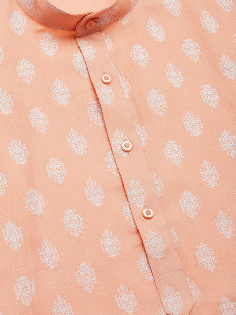 Men's Peach Cotton Blend Printed Kurta Set