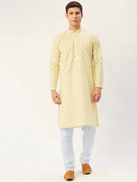 Men's Yellow Cotton Blend Printed Kurta Top