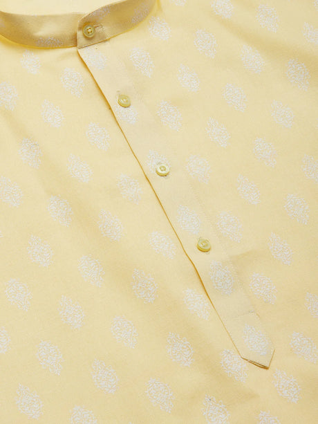 Men's Yellow Cotton Blend Printed Kurta Set