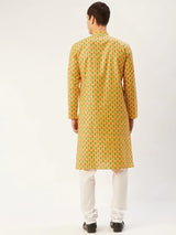 Men's Mustard Cotton Blend Printed Kurta Set