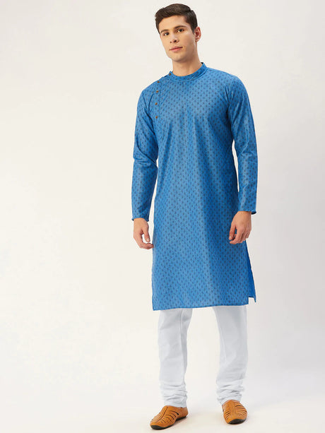 Men's Blue Cotton Blend Printed Kurta Top
