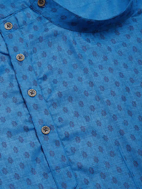 Men's Blue Cotton Blend Printed Kurta Set