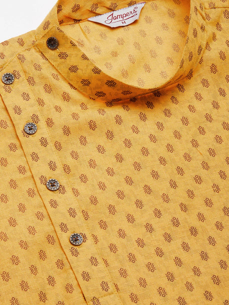 Men's Mustard Cotton Blend Printed Kurta Set