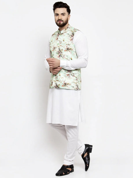 Men's Lime Silk Printed Kurta Set with Jacket