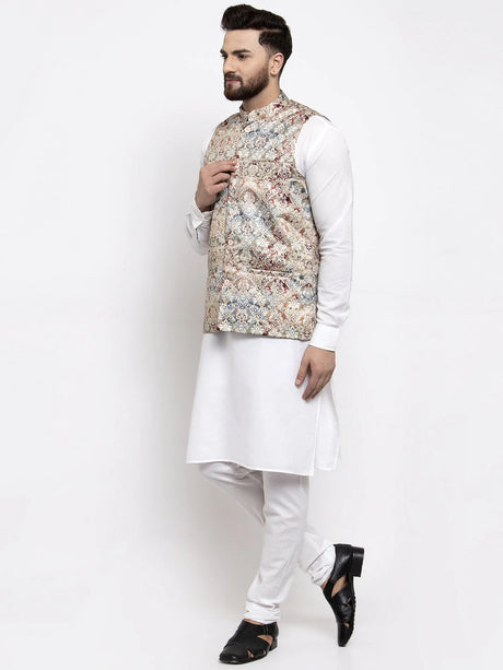 Men's Multi-color Silk Printed Kurta Set with Jacket