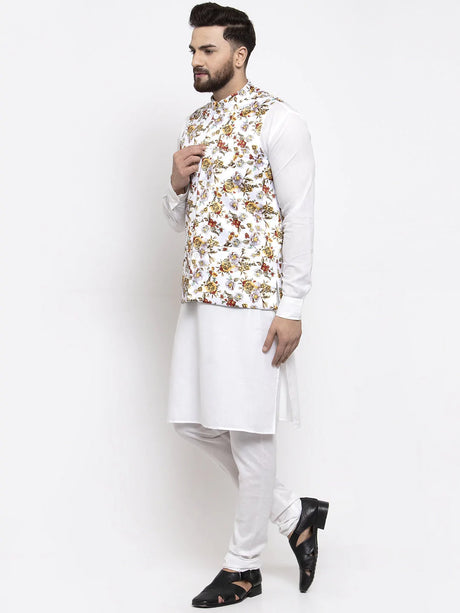 Men's White Silk Printed Kurta Set with Jacket