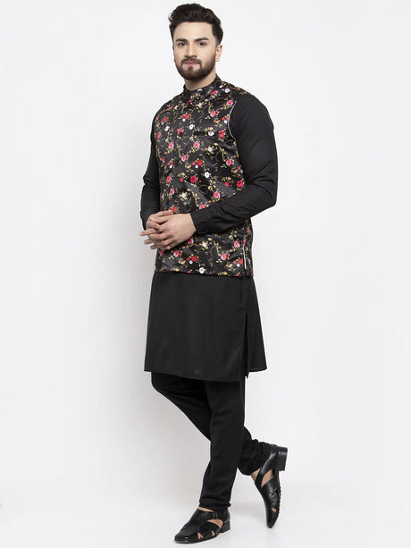 Men's Black Silk Printed Kurta Set with Jacket