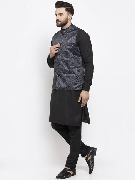 Men's Charcoal Silk Printed Kurta Set with Jacket