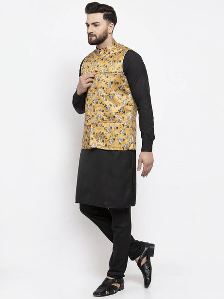 Men's Mustard Silk Printed Kurta Set with Jacket