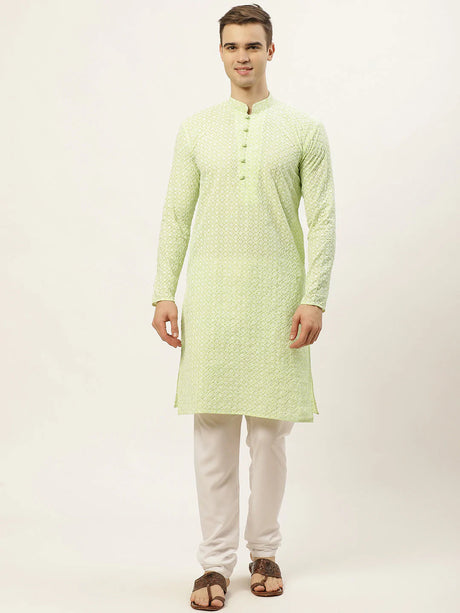 Men's green Cotton Embellished Kurta Top