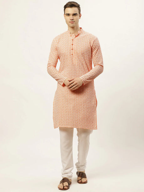 Men's Orange Cotton Embellished Kurta Top