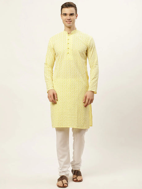 Men's Yellow Cotton Embellished Kurta Top