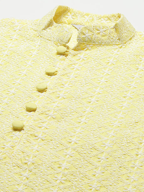 Men's Yellow Cotton Embellished Kurta Set