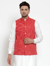 Men's Red Cotton Solid Nehru Jacket