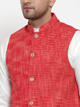 Men's Red Cotton Solid Nehru Jacket
