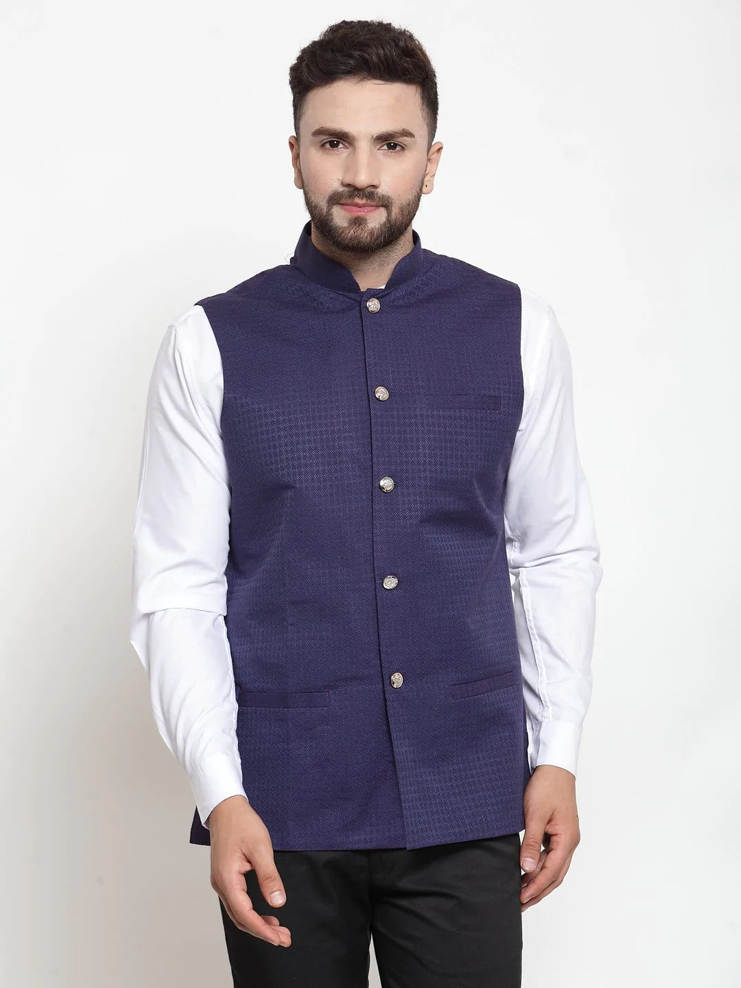Men's Navy Blue Cotton Solid Nehru Jacket
