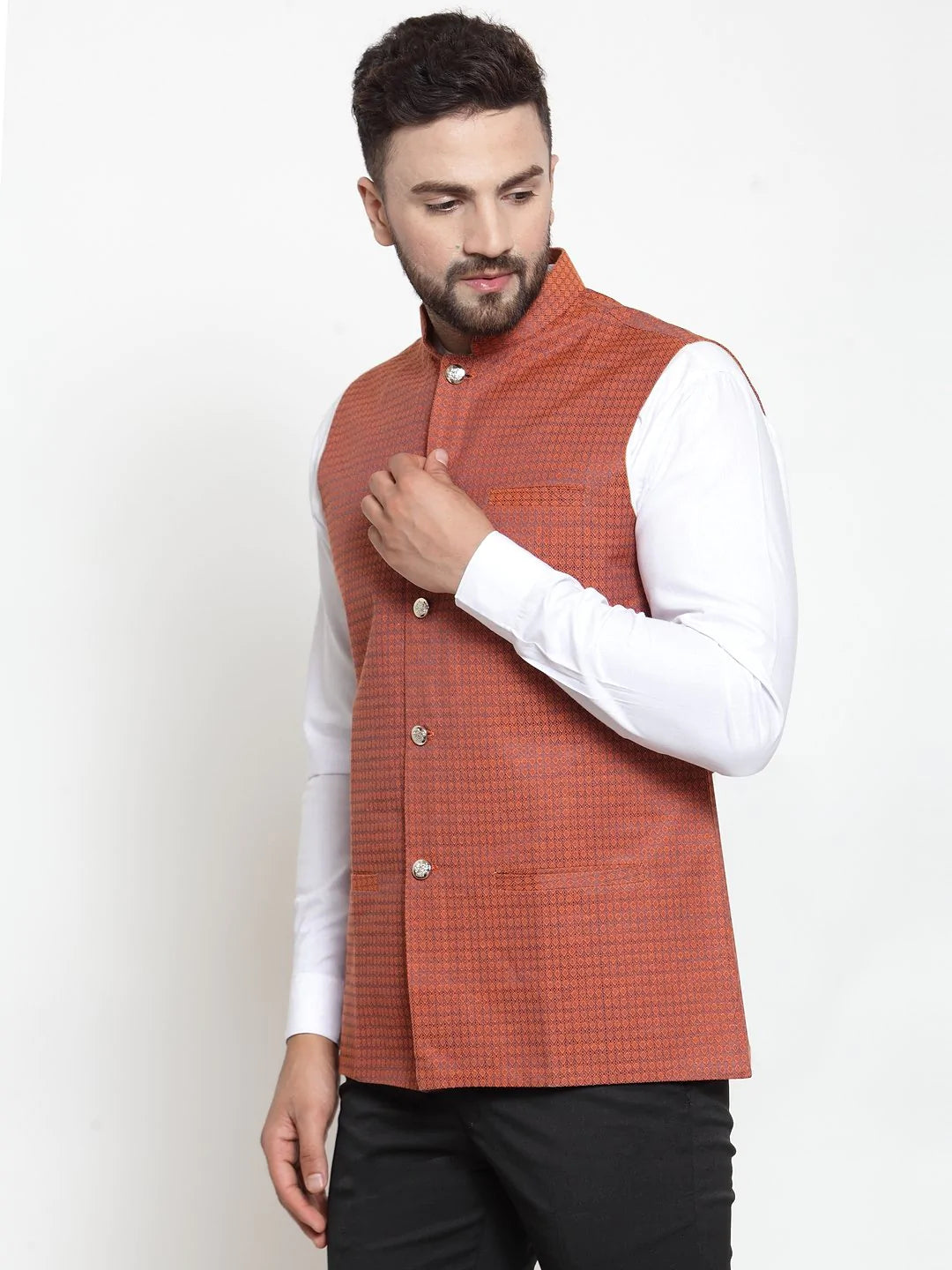 Men's Orange Jacquard Silk Woven Design Nehru Jacket