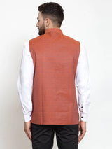 Men's Orange Jacquard Silk Woven Design Nehru Jacket