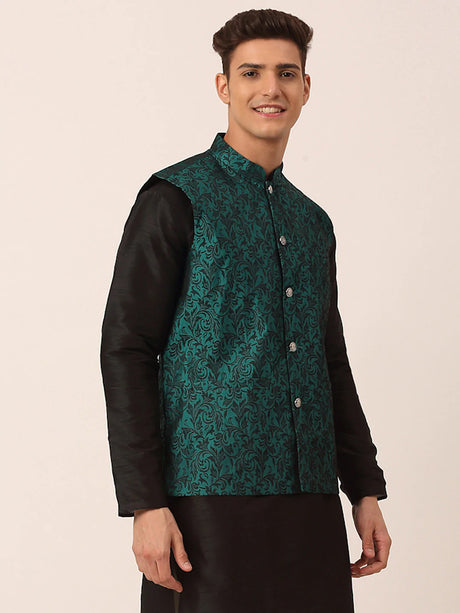 Men's green Jacquard Silk Woven Design Nehru Jacket