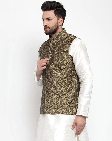 Men's Gold Cotton Woven Nehru Jacket