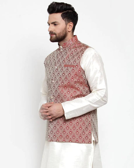 Men's Maroon Silk Woven Nehru Jacket
