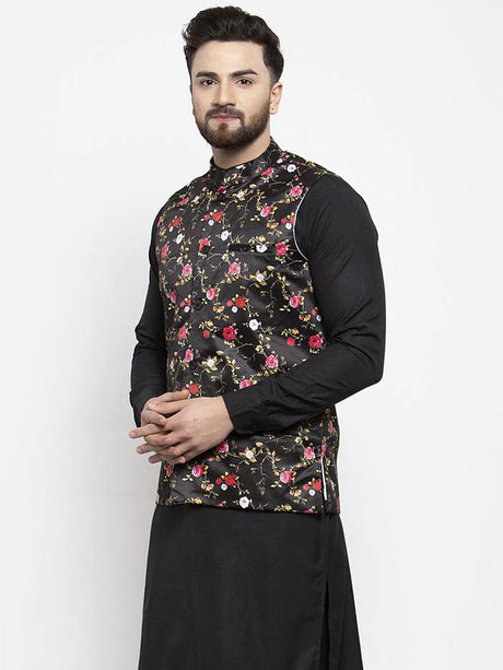 Men's Black Silk Printed Nehru Jacket