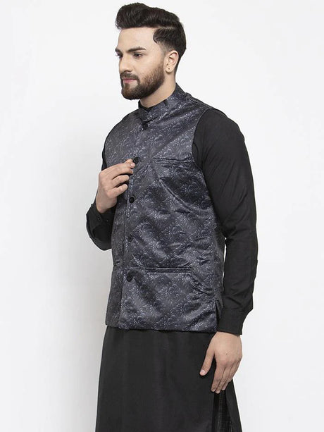 Men's Charcoal Silk Printed Nehru Jacket