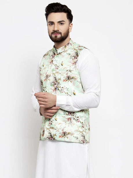 Men's Lime Silk Abstract Nehru Jacket