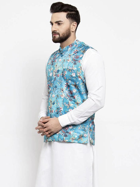 Men's Blue Silk Abstract Nehru Jacket