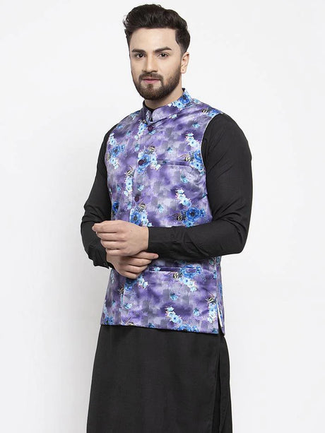 Men's Voilet Silk Abstract Nehru Jacket