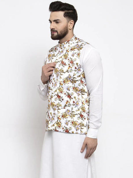 Men's White Silk Abstract Nehru Jacket