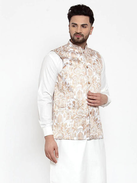 Men's Beige Silk Abstract Nehru Jacket