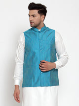 Men's Blue Cotton Solid Nehru Jacket
