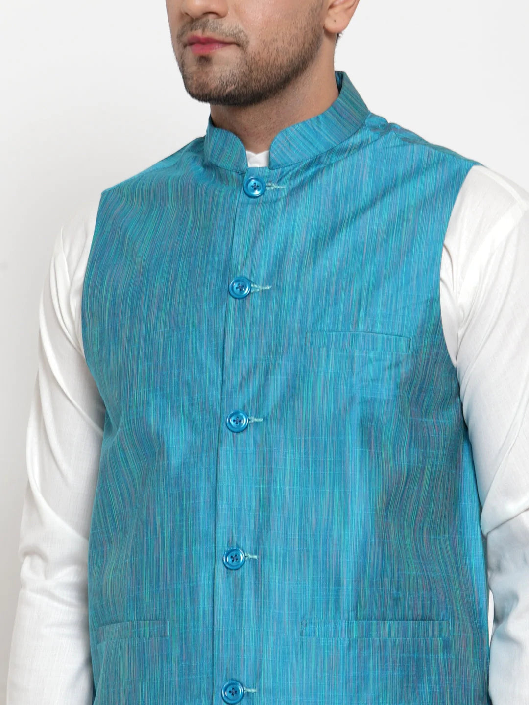 Men's Blue Cotton Solid Nehru Jacket