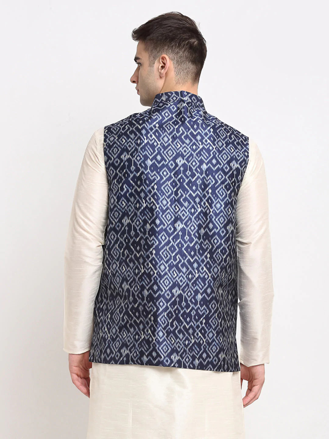 Men's Blue Satin Silk Printed Nehru Jacket