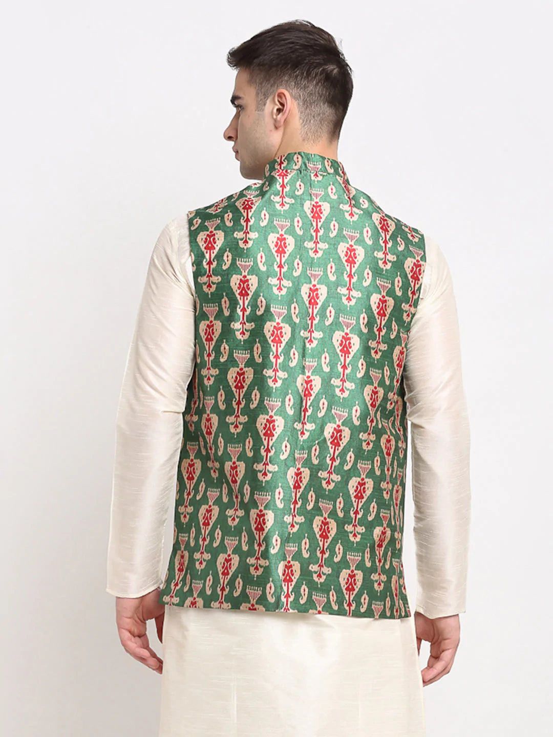 Men's green Satin Silk Printed Nehru Jacket