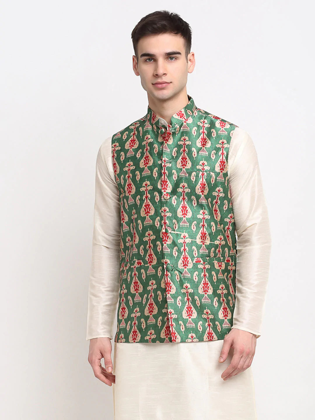 Men's green Satin Silk Printed Nehru Jacket