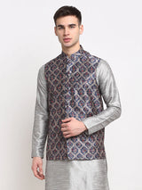 Men's Grey Satin Silk Printed Nehru Jacket