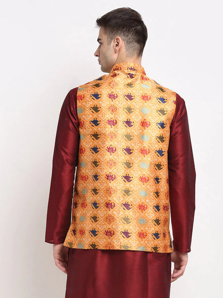 Men's Orange Satin Silk Printed Nehru Jacket