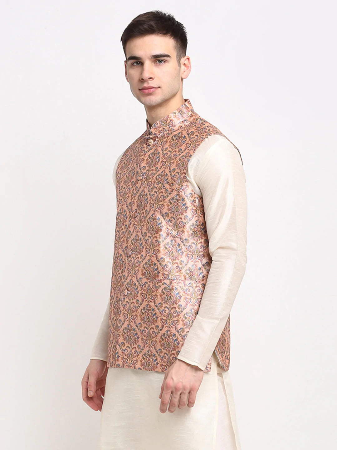 Men's Peach Satin Silk Printed Nehru Jacket