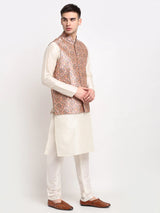Men's Peach Satin Silk Printed Nehru Jacket
