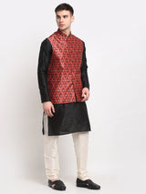 Men's Red Satin Silk Printed Nehru Jacket