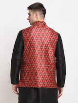 Men's Red Satin Silk Printed Nehru Jacket